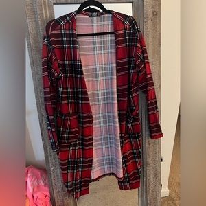 Red black and white checkered cardigan. Size S.